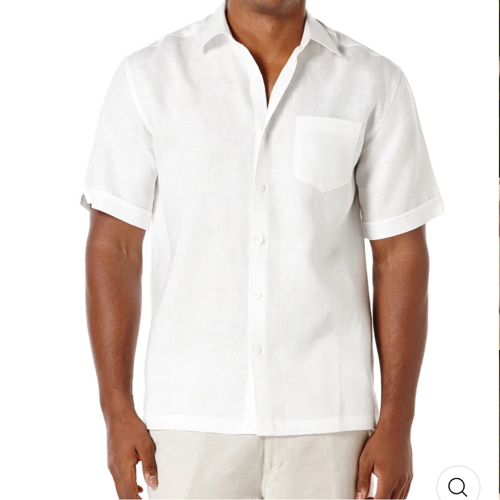 Cubavera Mens White Button Down Textured Linen-Blend One Pocket Shirt Size L